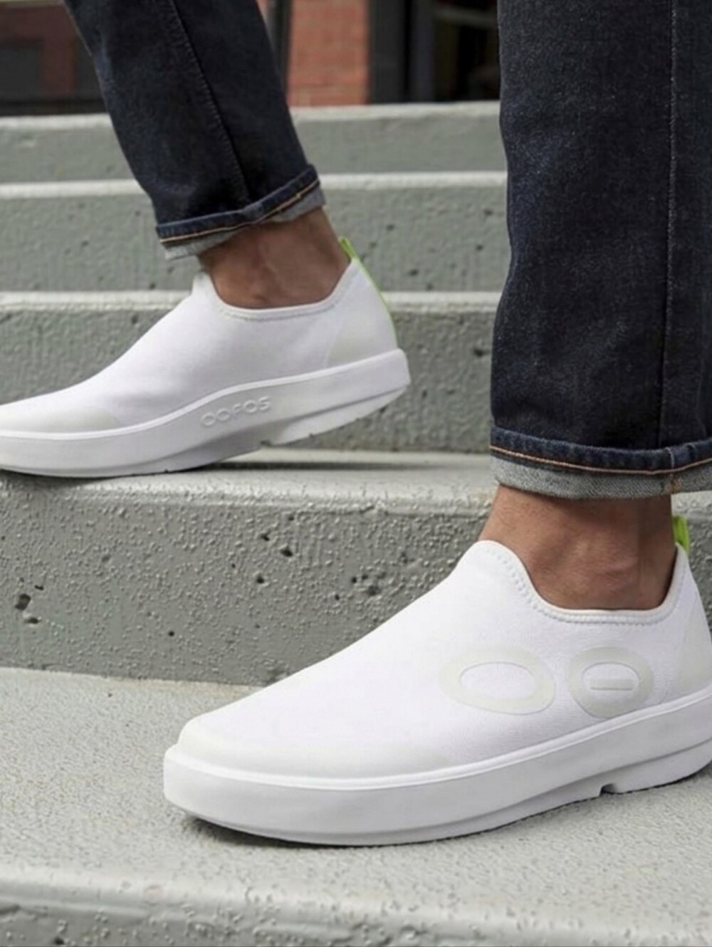 OOFOS White Slip-On Sneakers with Lime Green Lining - Picture 10 of 10